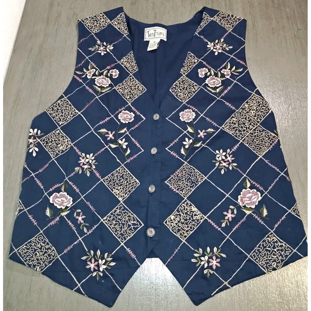 Tantrums vintage Woman's navy blue embroidered floral Courdory vest Medium